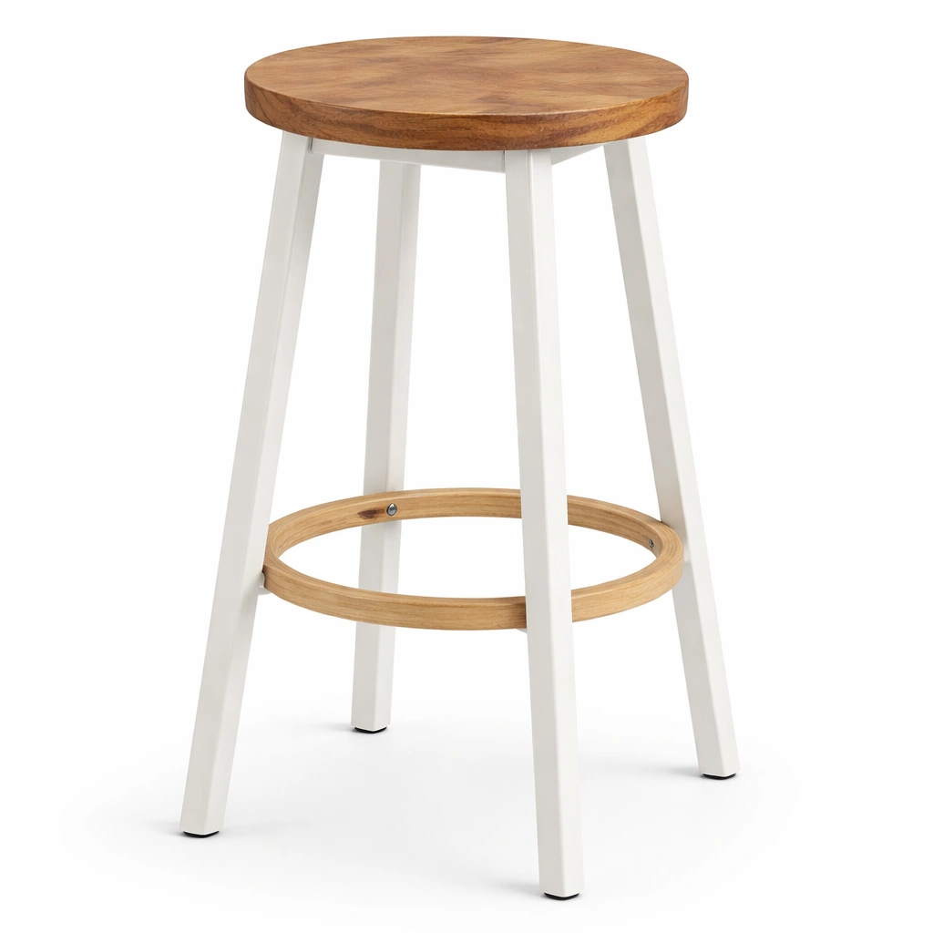 Taburete alto de madera con asiento redondo y aro de apoyo-cozanoe